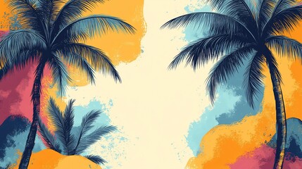 A vibrant tropical scene featuring palm trees against a colorful abstract background.