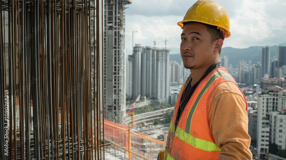 Poster a close-up portrait of a construction worker inspecting rebar placements on a bridge construction si