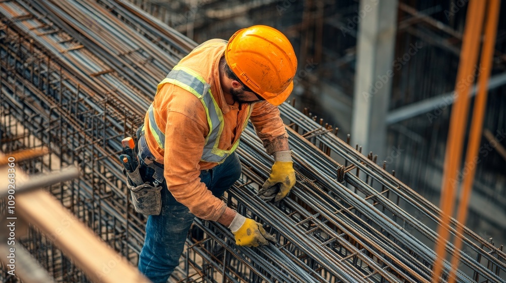 Aufkleber a close-up portrait of a construction worker inspecting rebar placements on a bridge construction si