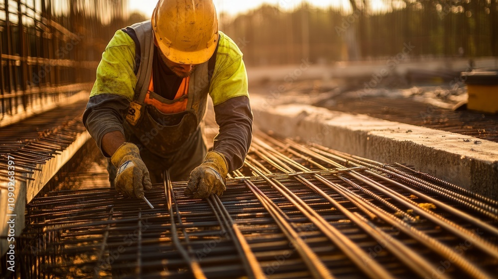 Aufkleber A close-up portrait of a construction worker inspecting reinforcement bars at a bridge construction site, Bridge reinforcement inspection scene, Detail-oriented and technical style