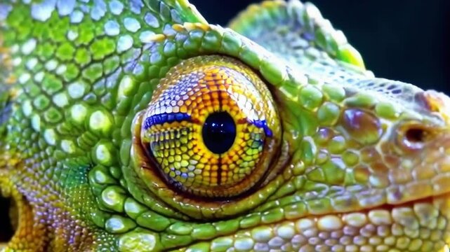 A green lizard with a yellow eye. The eye is large and prominent. The lizard has a green and yellow pattern on its face