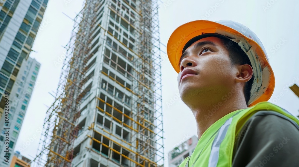 Poster A close-up portrait of a construction worker inspecting reinforcement bars at a high-rise construction site, High-rise construction inspection scene, Authoritative and detailed style