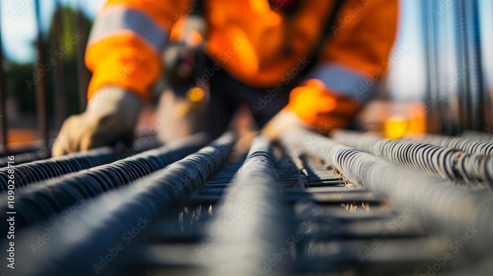 Poster A close-up portrait of a construction worker inspecting scaffolding at a high-rise building construction site, High-rise construction scaffolding inspection scene, Authoritative and detailed style