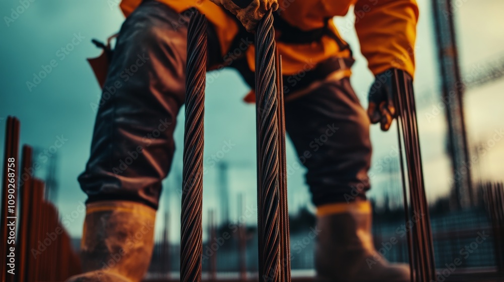 Poster a close-up portrait of a construction worker inspecting scaffolding at a high-rise building construc