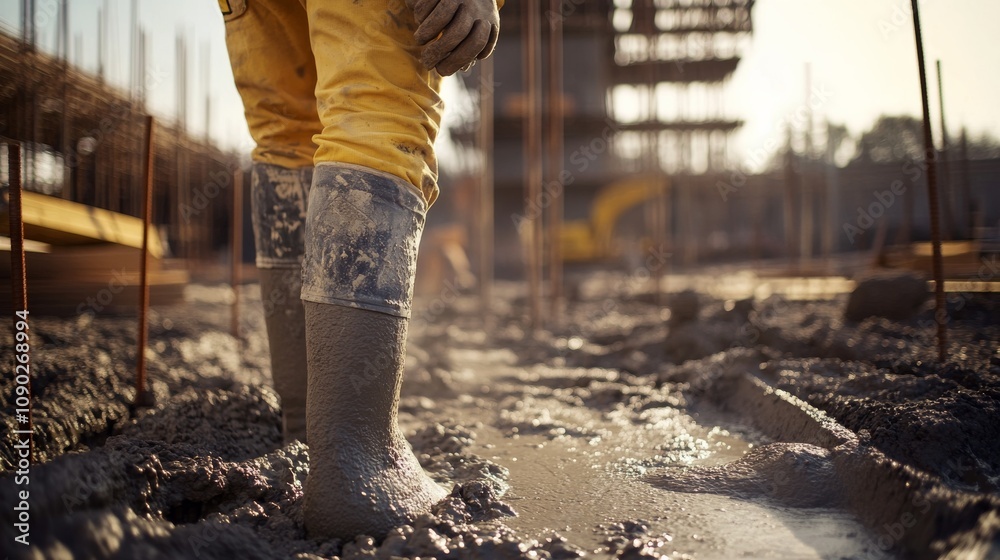 Poster A close-up portrait of a construction worker inspecting scaffolding at a high-rise building construction site, High-rise construction scaffolding inspection scene, Detail-oriented and focused style