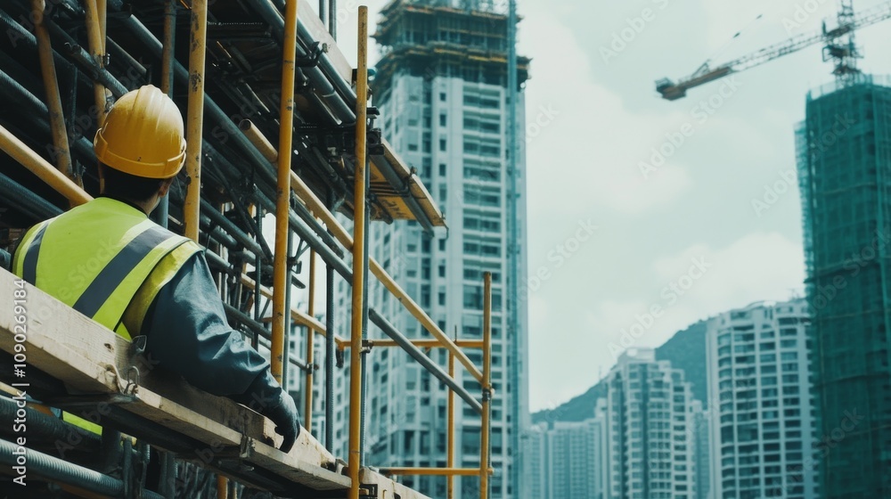 Poster a close-up portrait of a construction worker inspecting scaffolding at a skyscraper construction sit