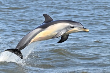 Fototapeta premium Agility of a dolphin leaping out of the ocean, captured in mid-flight against a bright sky