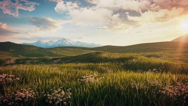 Meadow of Grass and Flowers in a Sunny Cloudy Day - Loop - Abstract Fantasy Nature Landscape V2