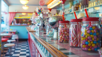 A classic soda shop counter with glass jars of candy, a retro milkshake machine, and a checkered floor.