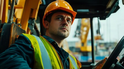 A close-up portrait of a crane operator in a hard hat and reflective vest, sitting in the cab of a crane with construction materials in the background, Crane operation scene