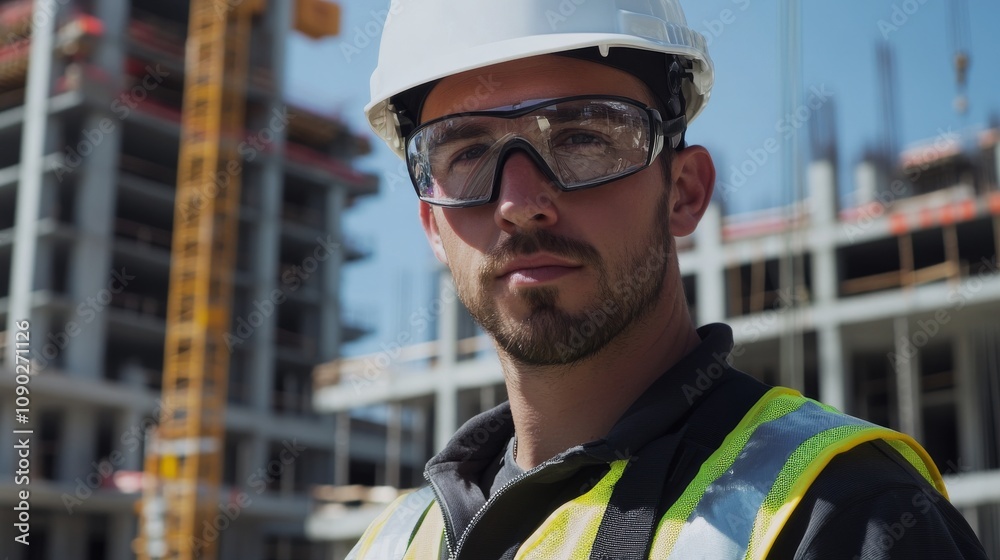 Poster a close-up portrait of a crane rigger in a hard hat and reflective vest, with the crane and construc