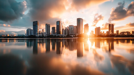 Obraz premium modern city skyline reflecting on water during vibrant sunset, showcasing tall buildings and dramatic clouds. serene atmosphere evokes sense of tranquility and beauty