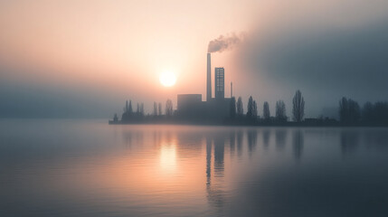 Obraz premium Sunrise over an industrial area with smokestacks reflecting in calm waters