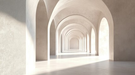 Fototapeta premium Spacious and Serene Interior with Elegant Arched Windows and Soft Light, Inviting Minimalist Architecture and Calm Ambiance for Various Creative Projects