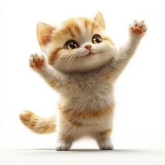 Fototapeta premium Playful Kitten: An adorable 3D-rendered ginger kitten, paws raised in playful greeting, embodies cuteness and joy. Perfect for children's books, greeting cards, and social media. 