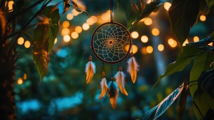 Obraz premium Ethereal Dreamcatcher Hanging Among Lush Greenery with Soft Bokeh Background Creating a Serene and Magical Atmosphere in Evening Light