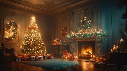 A Festive Christmas Living Room With Decorated Tree And Fireplace