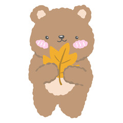 Mini bear holding yellow leaf on Hands with white background
