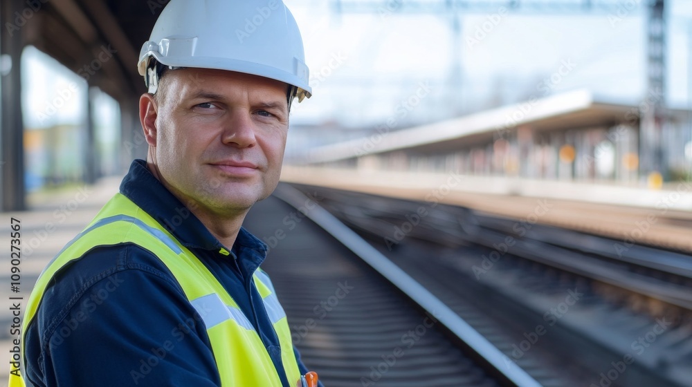 Poster a close-up portrait of a railway engineer in a hard hat and reflective vest, inspecting tracks with 