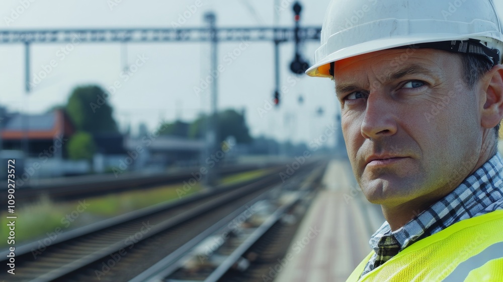 Poster a close-up portrait of a railway engineer in a hard hat and reflective vest, inspecting tracks with 