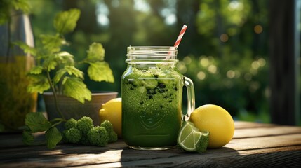 Green Smoothie in a Mason Jar with Lemons and Lime