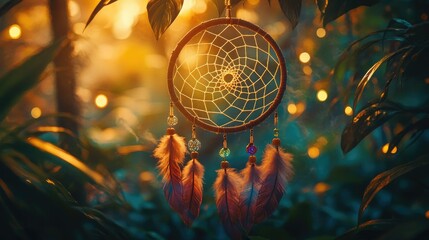 Obraz premium Captivating Dreamcatcher Hanging Among Lush Greenery with Soft Glowing Light at Sunset, Symbolizing Protection and Serenity in Nature's Embrace