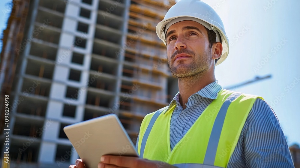 Poster a close-up portrait of a site foreman in a hard hat and reflective vest, holding a tablet with an un