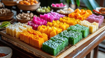 Fototapeta premium Colorful Array of Traditional Asian Desserts on a Wooden Table with Fresh Ingredients and Decorative Plates in a Warm Environment