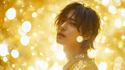 Fototapeta premium Captivating portrait of a young man surrounded by golden light at an outdoor event