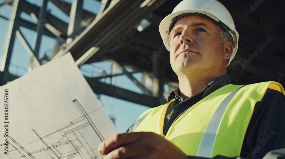 Poster a close-up portrait of a structural engineer in a hard hat and reflective vest, holding a blueprint 