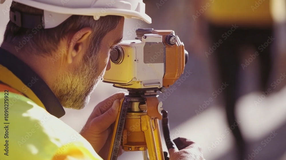 Poster A close-up portrait of a surveyor using a theodolite to measure angles on a construction site, Surveying scene, Technical and precise style