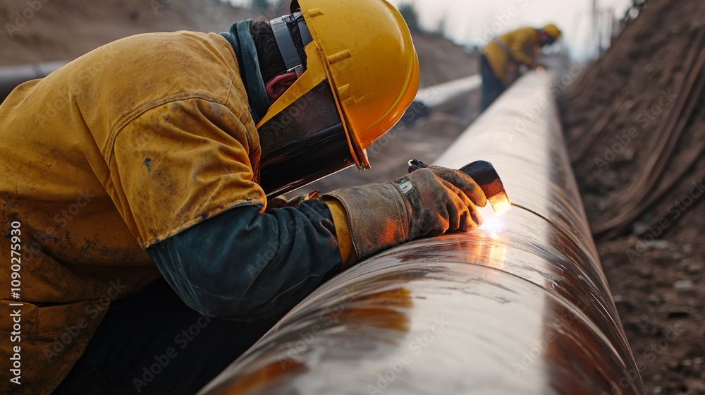 Poster a close-up portrait of a welding inspector examining weld seams on a pipeline at a construction site