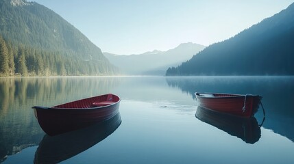 Serene Morning on the Lake with Red Rowboats Amidst Mist and Mountains, Capturing Tranquility and Nature's Beauty in a Peaceful Landscape