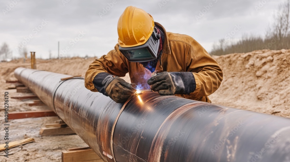 Poster a close-up portrait of a welding inspector examining weld seams on a pipeline at a construction site