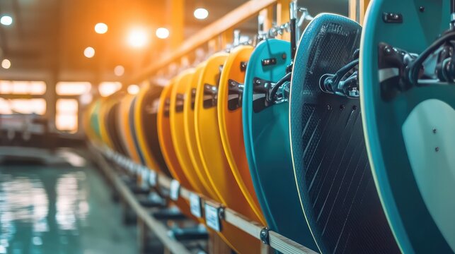 Colorful Surfboards Displayed in a Vibrant Sports Shop with a Bright Light Creating a Lively Atmosphere for Enthusiasts and Adventurers - Powered by Adobe