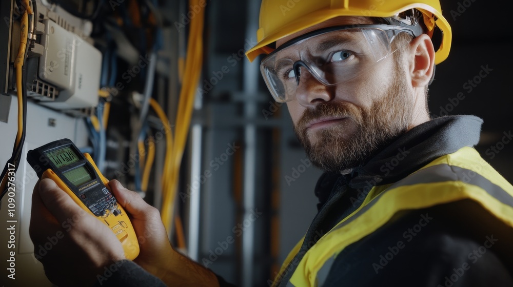 Poster a close-up portrait of an electrician in a hard hat and reflective vest, holding a multimeter with a