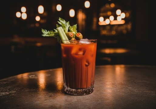 Classic Bloody Mary cocktail with celery and olives in dimly lit bar setting