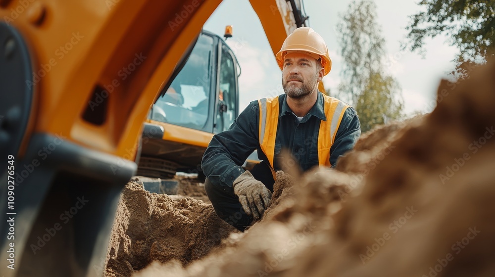 Poster a close-up portrait of an excavator operator maneuvering the machine to dig trenches on a utility in