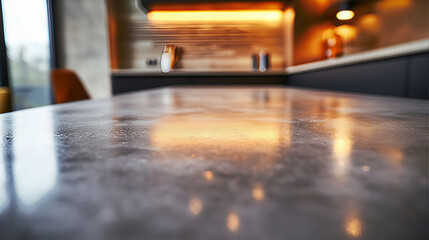 Shiny lit polished concrete countertop with blur kitchen home interor background  