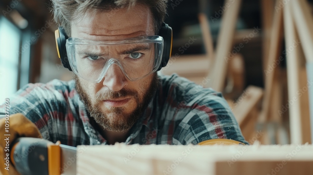 Poster a close-up shot of a carpenter in safety goggles and gloves, holding a saw and looking directly at t