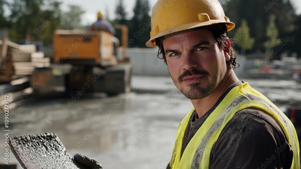 Poster a close-up shot of a concrete worker in a hard hat and safety vest, holding a trowel and looking dir