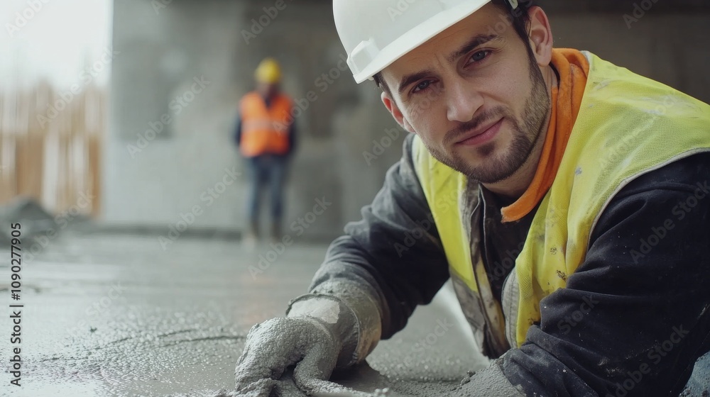 Poster a close-up shot of a concrete worker in a hard hat and safety vest, holding a trowel and looking dir