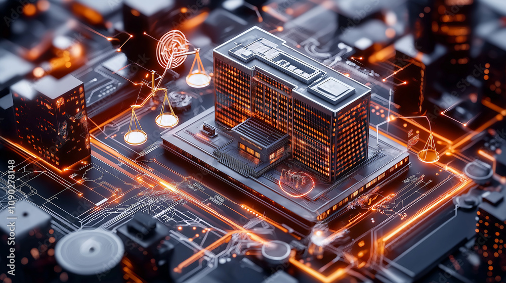 Aufkleber conceptual image of giant tech company building on circuit board