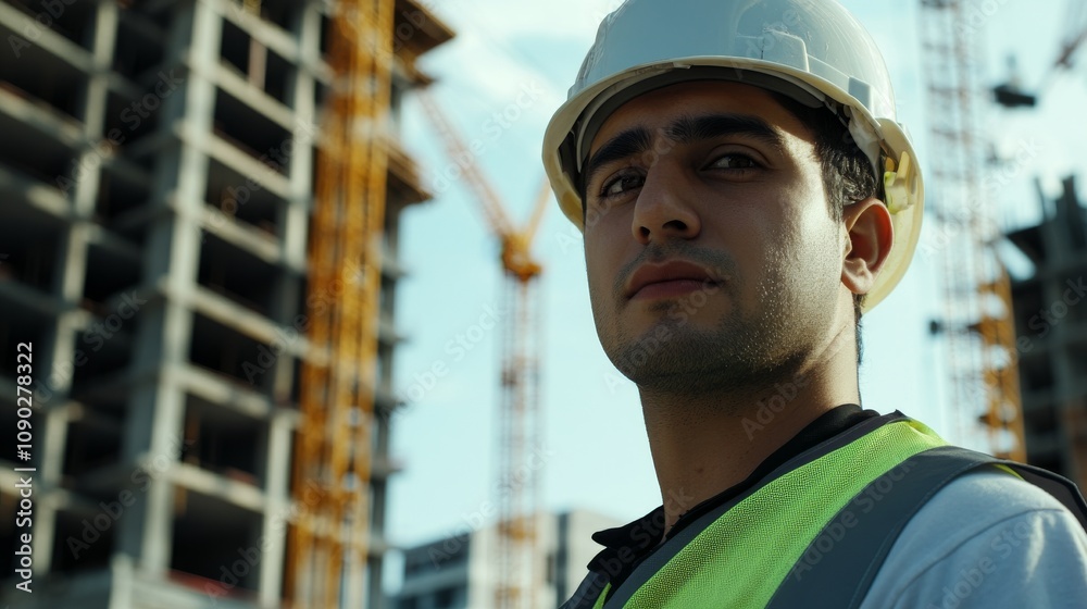 Poster a close-up shot of a crane operator in a hard hat and reflective vest, looking directly at the camer