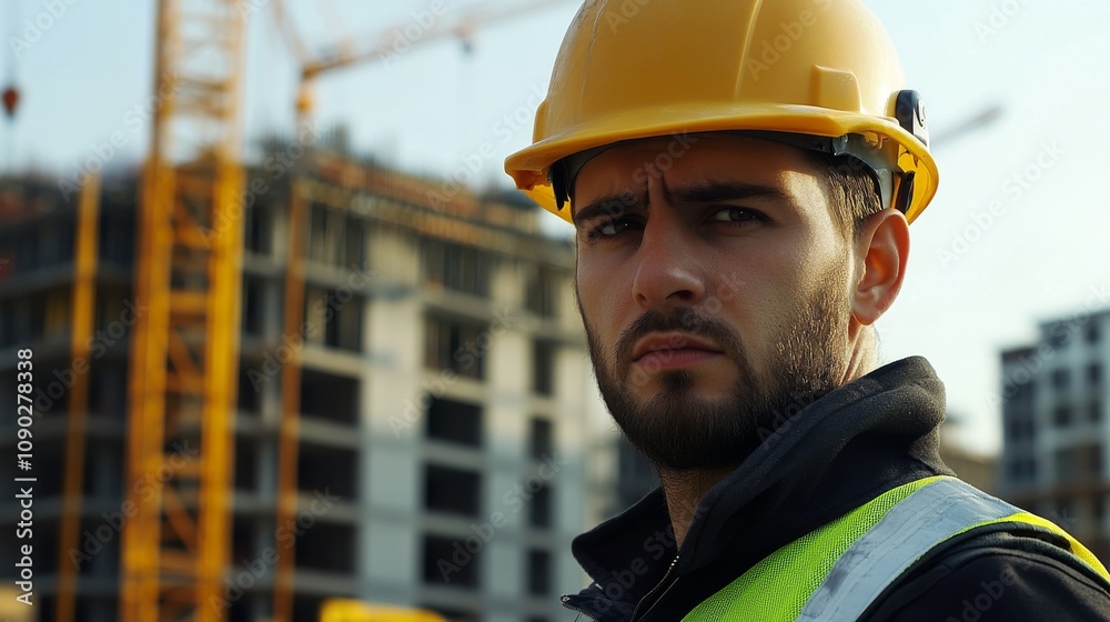 Poster a close-up shot of a crane operator in a hard hat and reflective vest, looking directly at the camer