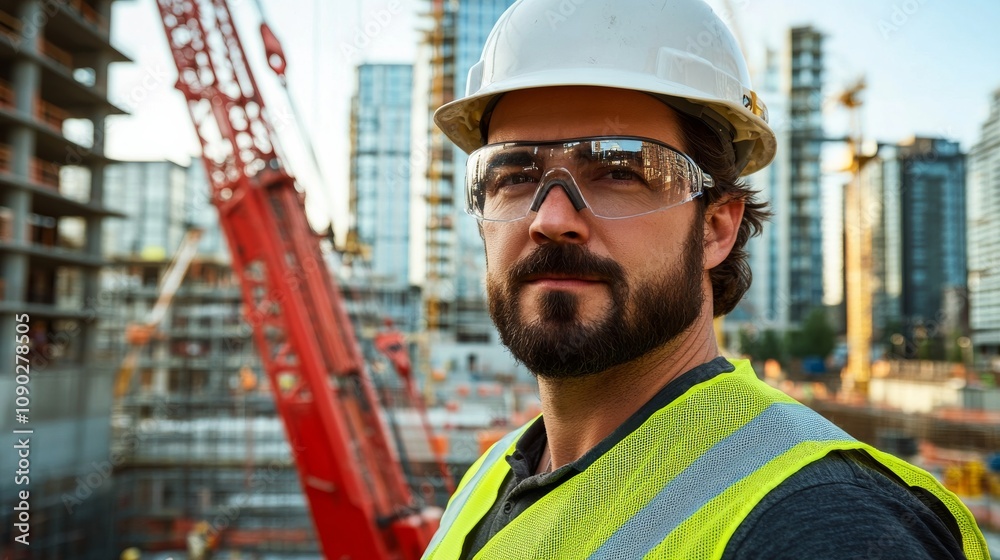 Poster a close-up shot of a crane operator in a hard hat and reflective vest, looking directly at the camer