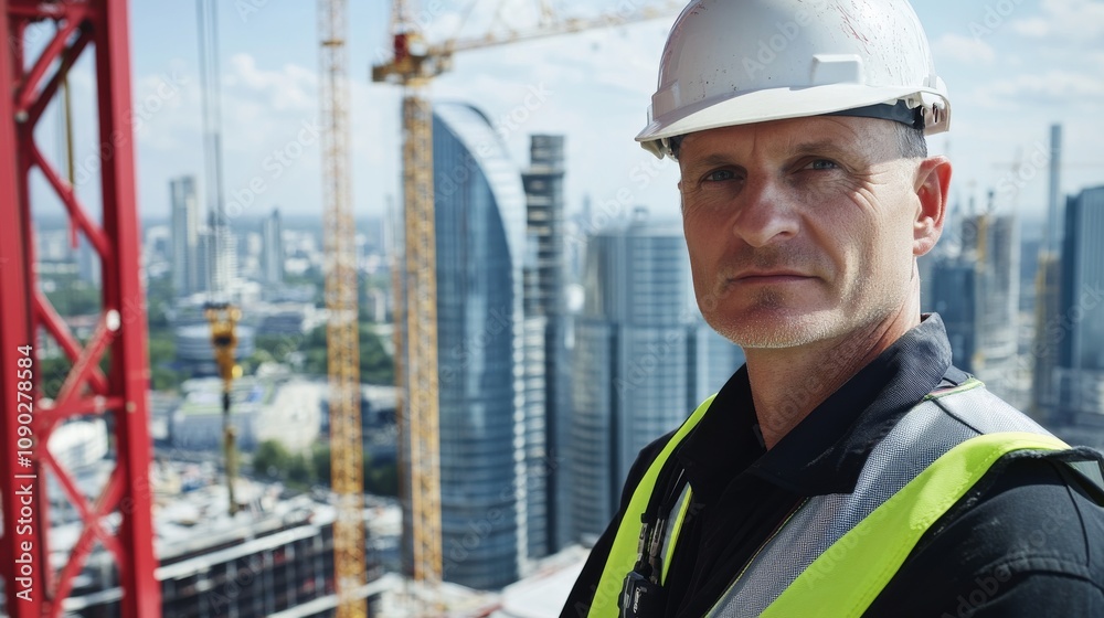 Poster a close-up shot of a crane operator in a hard hat and reflective vest, looking directly at the camer