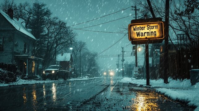 A winter storm warning sign stands out against a backdrop of falling snow, casting a glow on a deserted street filled with reflections from the rain-soaked pavement under the dark sky