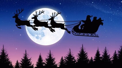 Santa is flying through the night sky under the Christmas forest. Santa sleigh driving over a line drawing woods near the big moon in the night.	