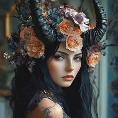 Woman with horns and flowers